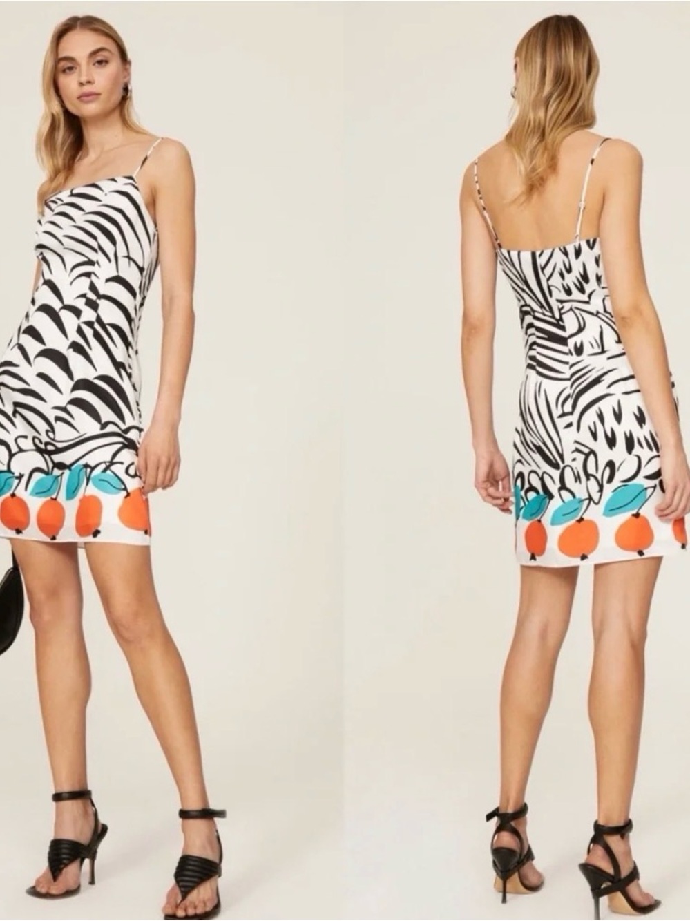 STAUD Black-and-White Zebra Print Mini Dress with Orange Fruit Hem
